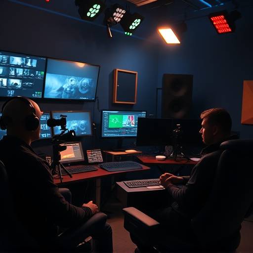 Editor working in a post-production suite with multiple monitors and editing software.
