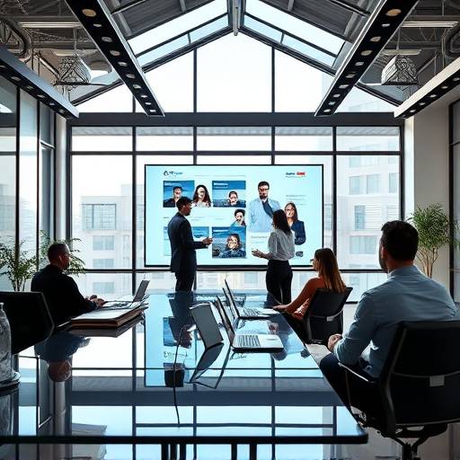 Image of a modern office space with title 'Improving Employee Engagement with Interactive Corporate Training Videos'.
