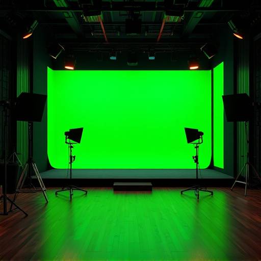Interior view of Visionary Studios' main filming stage, showcasing professional lighting equipment and a green screen backdrop.